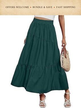 Womens Maxi Boho High Waist Long Pleated A-Line Tiered Flowy Skirt Pockets